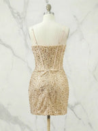 Glitter Bodycon Spaghetti Straps Sweetheart Short Homecoming Dress with Slit