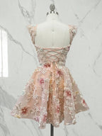 Off-the-Shoulder Sweetheart Floral Lace Mini Homecoming Dresses with Puff Sleeves