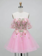 Floral Corset Puffy Sleeve Short Homecoming Dress