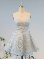 Blue Floral Lace Corset Short Homecoming Dress