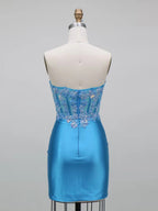 Sky Blue Strapless Lace Corset Satin Short Homecoming Dress