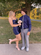 Spaghetti Straps Bodycon Satin Appliqeus Short Homecoming Dress