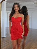 Strapless Sweetheart Lace Appliqué Corset Mini Homecoming Dresses with Scalloped Hem