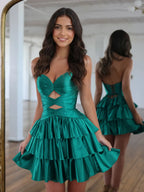 Strapless Draped Corset Satin Mini Homecoming Dresses with Tiered Ruffled Skirt and Lace-Up Back
