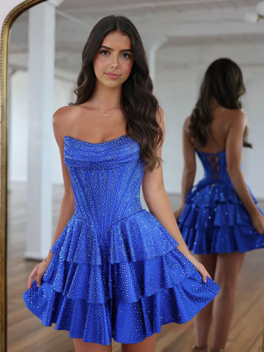 Strapless Rhinestone Encrusted Corset Short Homecoming Dresses with Tiered Ruffled Skirt and Lace-Up Back
