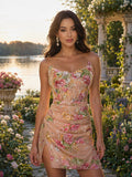 Peach Floral Embroidered Ruched Short Homecoming Dress