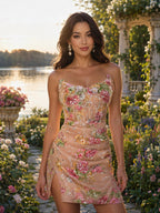 Peach Floral Embroidered Ruched Short Homecoming Dress