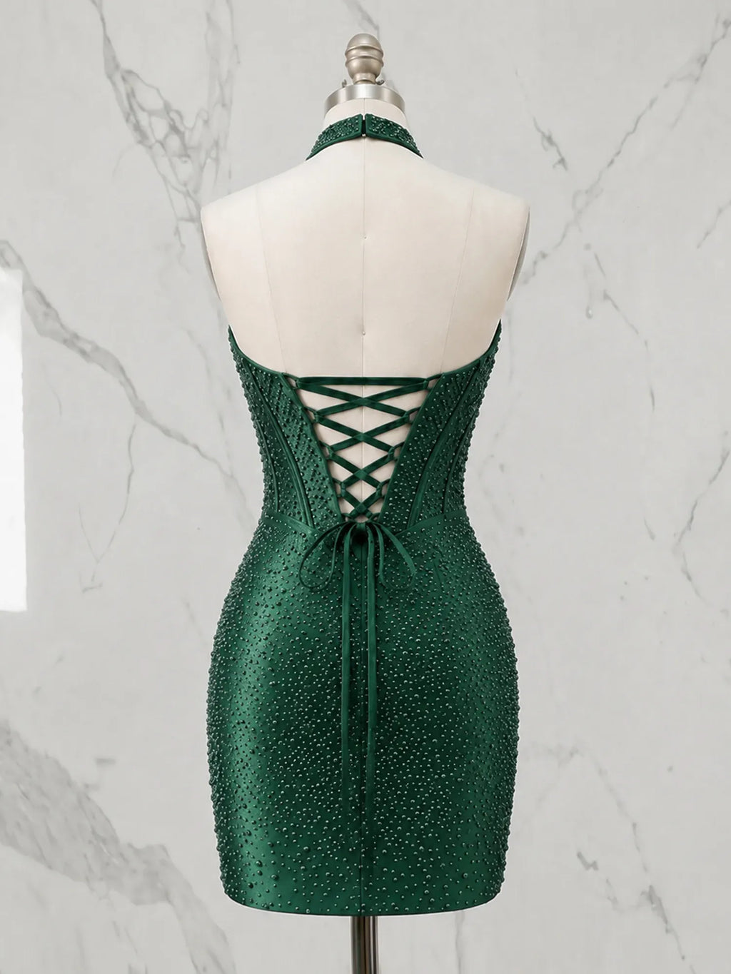 Criss-Cross Halter Neck Beaded Short Homecoming Dresses with Illusion Bodice