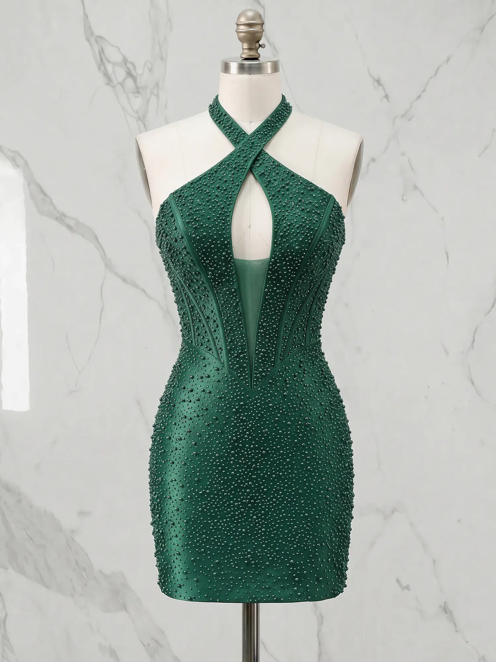 Criss-Cross Halter Neck Beaded Short Homecoming Dresses with Illusion Bodice