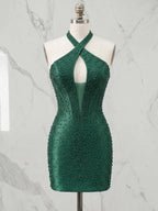 Criss-Cross Halter Neck Beaded Short Homecoming Dresses with Illusion Bodice