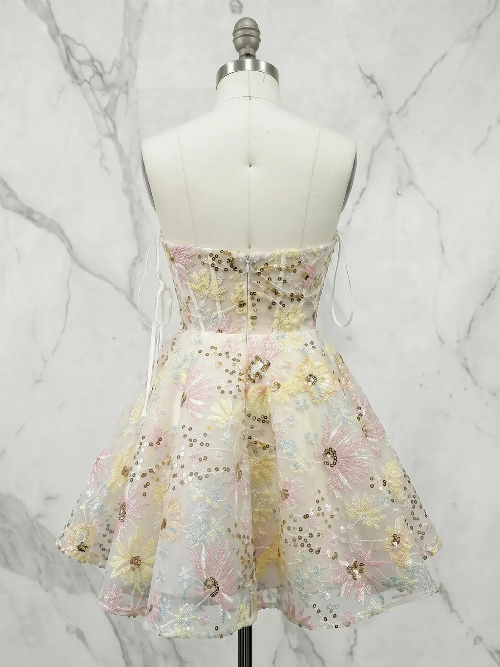 Strapless Sweetheart Sunflower Sequin Mini Homecoming Dresses with Illusion Bodice