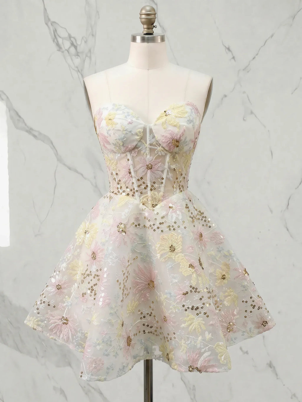 Strapless Sweetheart Sunflower Sequin Mini Homecoming Dresses with Illusion Bodice
