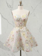 Strapless Sweetheart Sunflower Sequin Mini Homecoming Dresses with Illusion Bodice