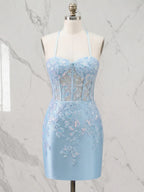 Sweetheart Lace Appliqué Corset Mini Homecoming Dresses with Illusion Bodice