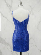 Plunging V-Neck Sequin Corset Mini Homecoming Dresses with Illusion Panel
