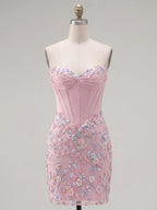 Strapless Floral Jacquard Homecoming Short Dress with Lace-Up Back