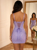 Crystal Encrusted Corset Mini Homecoming Dresses with Velvet Bows