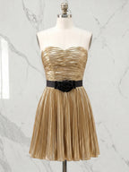 Metallic Gold Pleated Strapless Short Homecoming Dress with Black Rose Bow