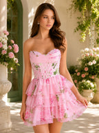 Pink Floral Pearl Corset Tiered Short Homecoming Dress
