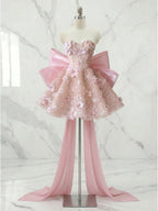Whimsical Blush Pink 3D Floral Bow-Back Short Homecoming Dress