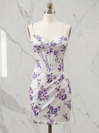 Enchanting White Purple Floral Ruched Corset Homnecoming Dress