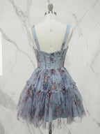 Powder Blue Floral Tiered Corset Short Homecoming Dress
