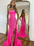 Hot Pink Mermaid Strapless Corset Bodice Long Prom Dress with Ruffle Slit