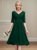 Dark Green A-line V-Neck Tea-Length Chiffon Mother of the Bride Dress With Pleated
