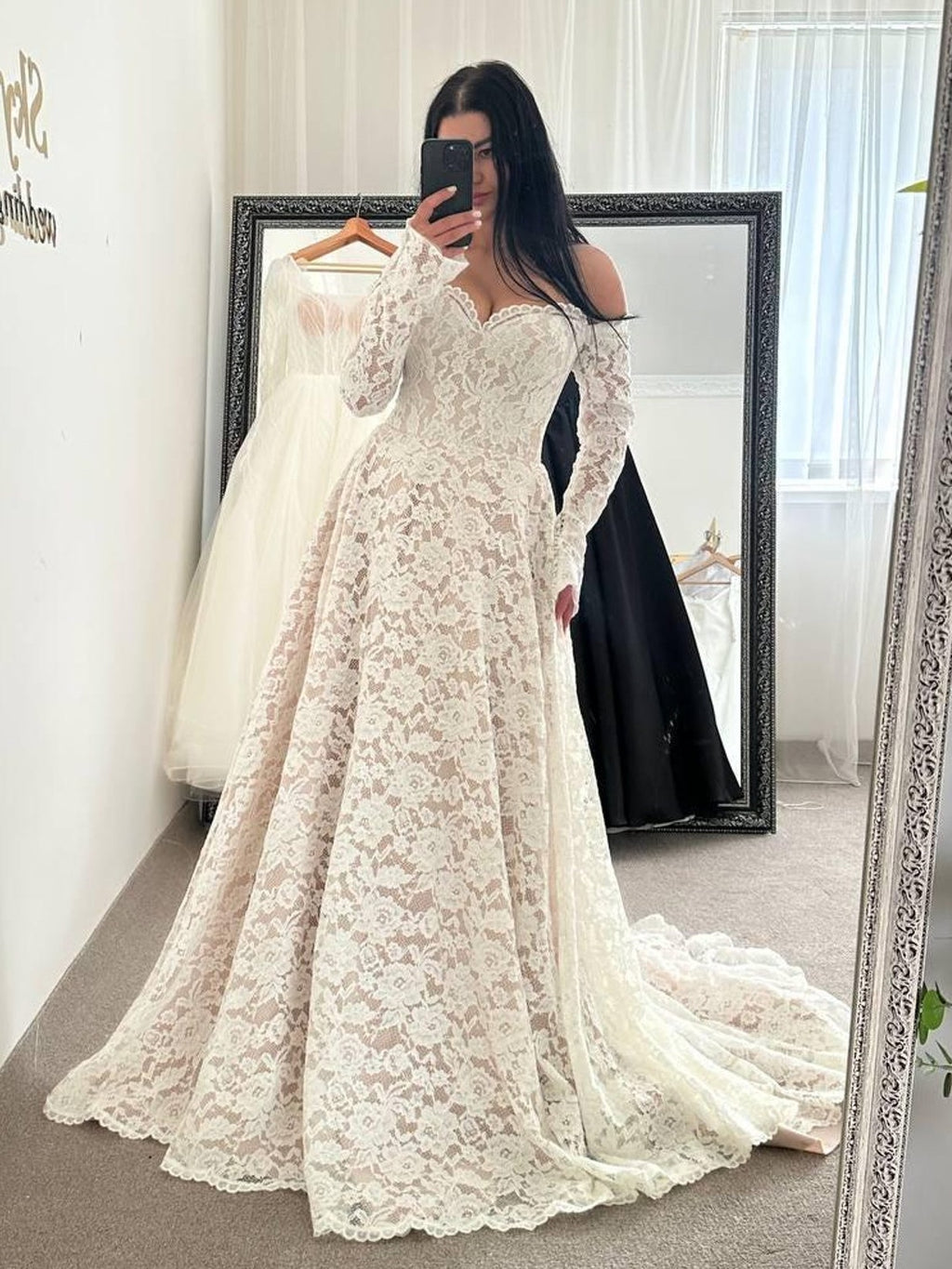 Off-the-Shoulder Long Sleeve Tiered Lace A-Line Wedding Gown