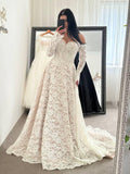 Off-the-Shoulder Long Sleeve Tiered Lace A-Line Wedding Gown