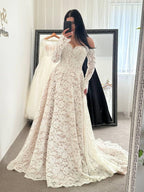 Off-the-Shoulder Long Sleeve Tiered Lace A-Line Wedding Gown