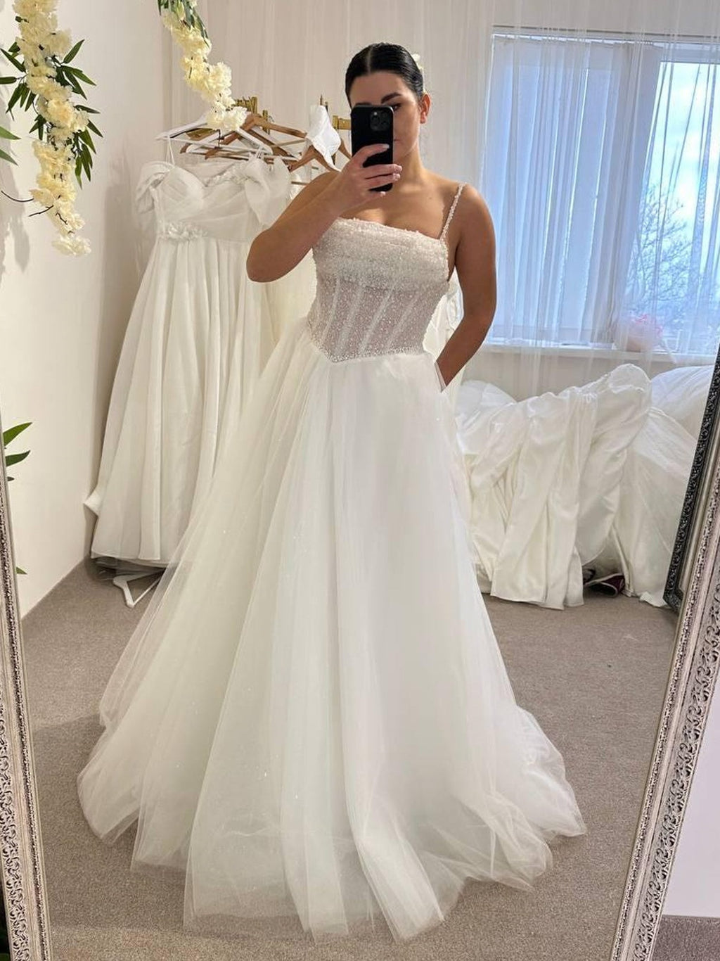 Elegant Beaded Corset Tulle A-Line Wedding Gown with Spaghetti Straps