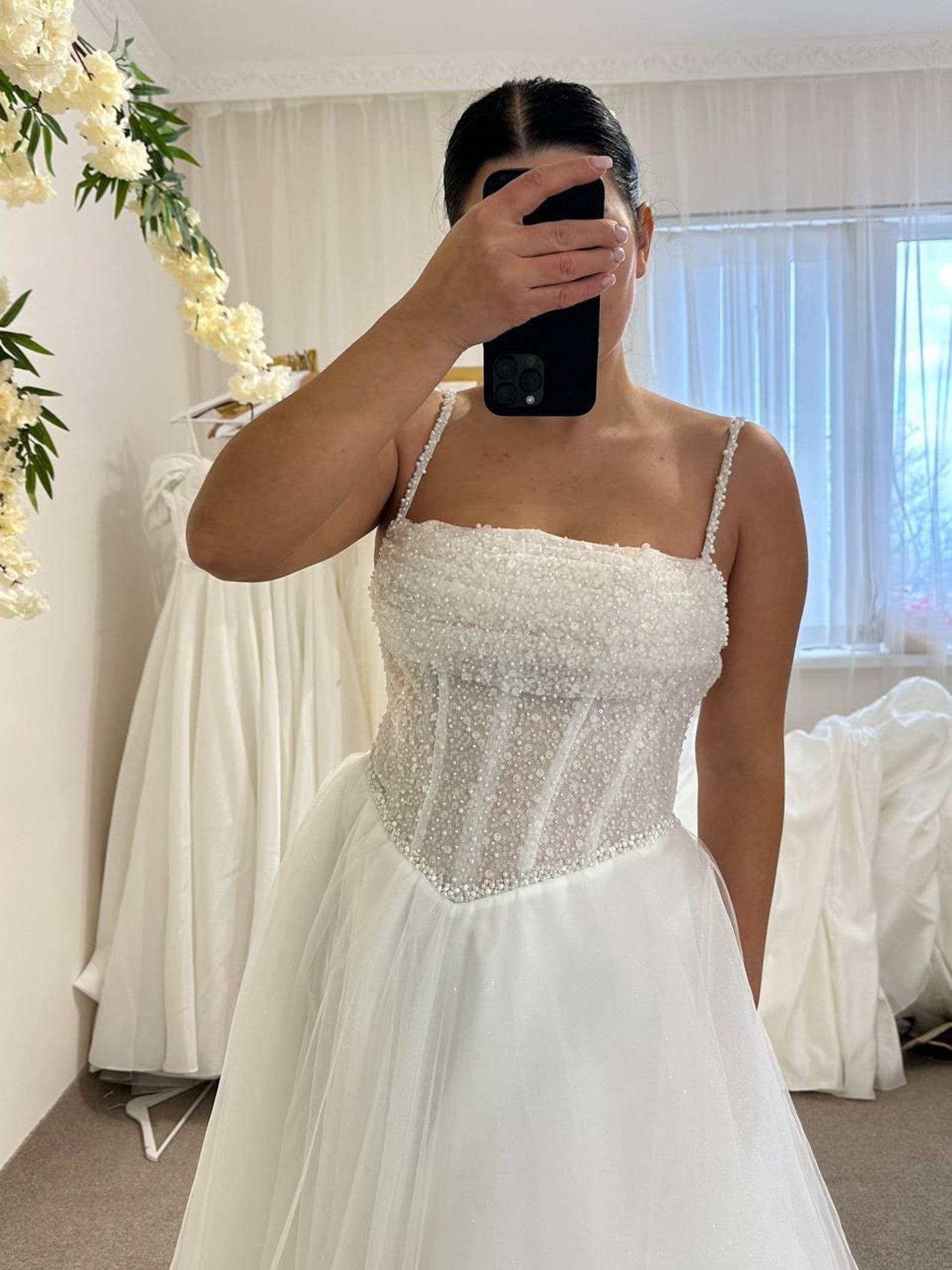 Elegant Beaded Corset Tulle A-Line Wedding Gown with Spaghetti Straps