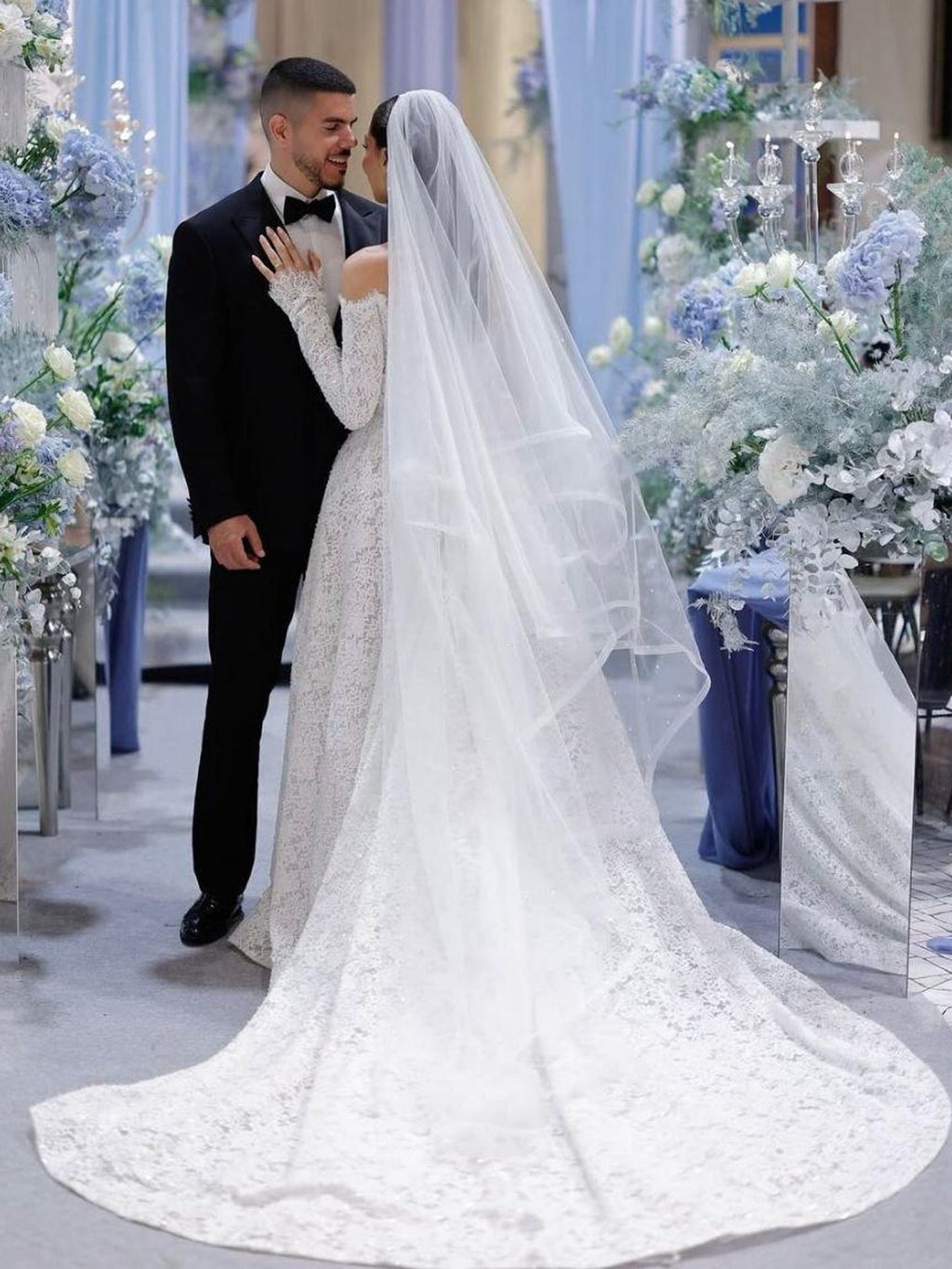 Off-the-Shoulder Long Sleeve Tiered Lace A-Line Wedding Gown