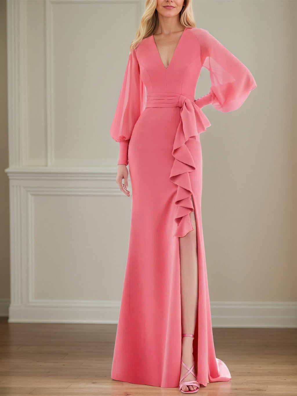 Dianthus Stretch Krepp Etuikleid/Säulenkleid V-Ausschnitt bodenlang Brautmutterkleid
