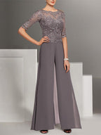 Chiffon Halbarm Mutter der Braut Hosenanzug mit Spitze