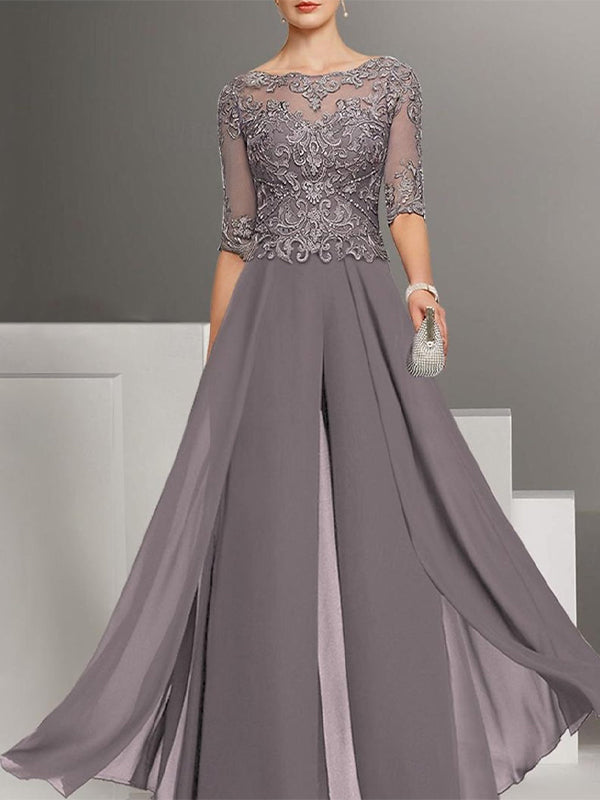Chiffon Halbarm Mutter der Braut Hosenanzug mit Spitze