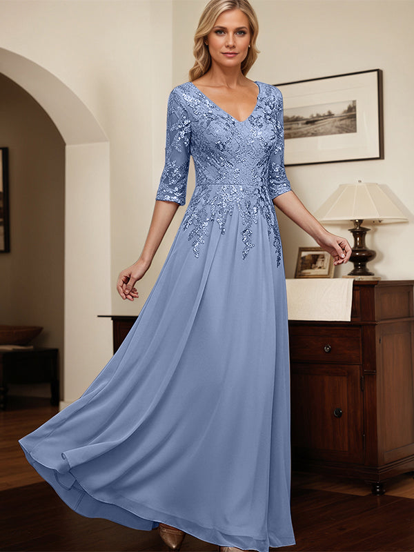 Schieferblaues A-Linien V-Ausschnitt Chiffon Kleid der Brautmutter mit Applikationen