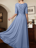 Schieferblaues A-Linien V-Ausschnitt Chiffon Kleid der Brautmutter mit Applikationen