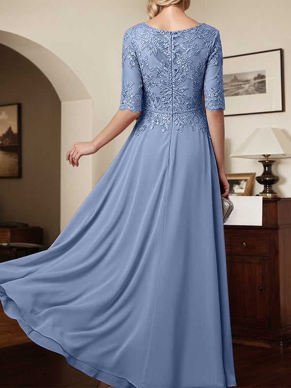 Schieferblaues A-Linien V-Ausschnitt Chiffon Kleid der Brautmutter mit Applikationen