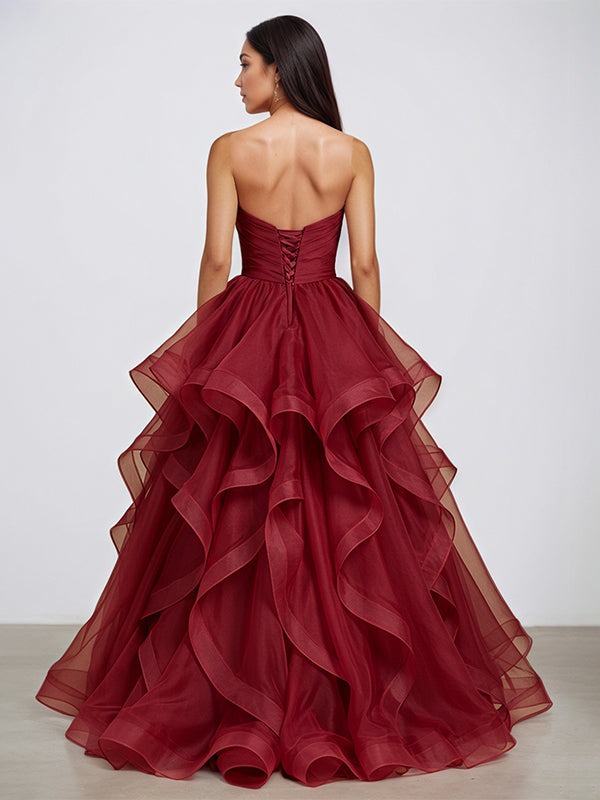 Burgundy A Line Strapless Wrinkles Long Formal Evening Dress