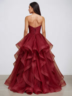 Burgundy A Line Strapless Wrinkles Long Formal Evening Dress