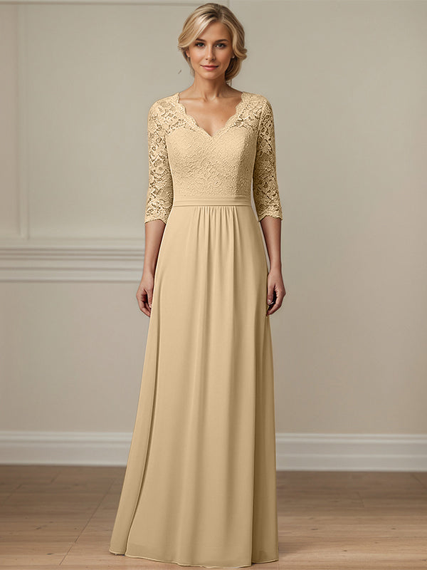 Champagnerfarbenes A-Linien Kleid mit Rundhalsausschnitt, bodenlang, Spitze und Chiffon, Mutter der Braut Kleid mit Applikationen