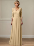 Champagnerfarbenes A-Linien Kleid mit Rundhalsausschnitt, bodenlang, Spitze und Chiffon, Mutter der Braut Kleid mit Applikationen