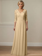 Champagnerfarbenes A-Linien Kleid mit Rundhalsausschnitt, bodenlang, Spitze und Chiffon, Mutter der Braut Kleid mit Applikationen