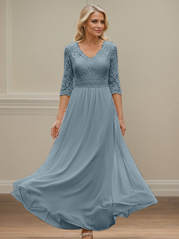 Dusty Blue A Line V-Neck Lace Chiffon Mother Of The Bride Dress With Appliques