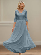 Dusty Blue A Line V-Neck Lace Chiffon Mother Of The Bride Dress With Appliques