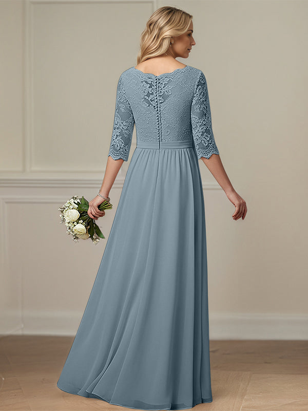 Dusty Blue A Line V-Neck Lace Chiffon Mother Of The Bride Dress With Appliques