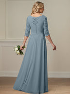 Dusty Blue A Line V-Neck Lace Chiffon Mother Of The Bride Dress With Appliques