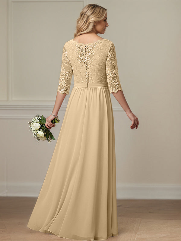 Champagnerfarbenes A-Linien Kleid mit Rundhalsausschnitt, bodenlang, Spitze und Chiffon, Mutter der Braut Kleid mit Applikationen